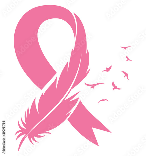 Pink ribbon with feather and birds. Breast Cancer Awareness Ribbon. Vector illustration for breast health.
