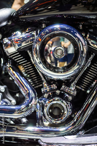 Shiny chrome motorcycle engine with twin piston