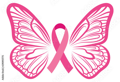 Pink ribbon with butterfly wings. Breast Cancer Awareness Ribbon. Vector illustration for breast health.