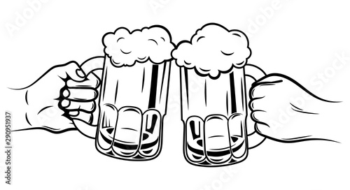 Two glasses of beer. Black and white illustration for oktoberfest or beer festival. Two hands with glasses of beer.