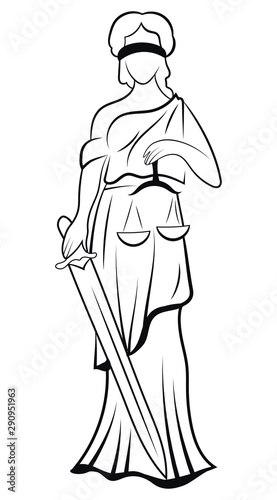 Themis or Justice - goddess of order, fairness, law from ancient Hellenic myths. Black and white illustration of femida. Line art. Logo for a lawyer or judge. Tattoo.