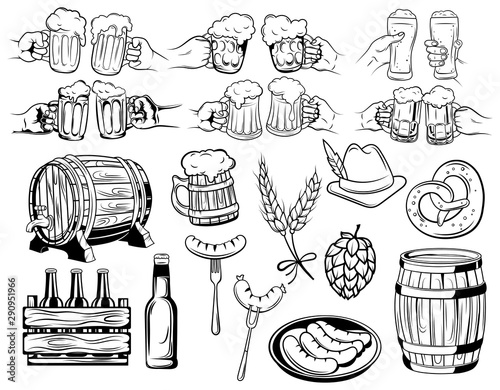 Oktoberfest set. Collection of elements for the beer festival. Black and white vector illustration for a beer store. Line art.