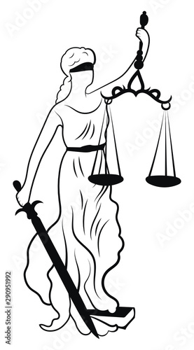 Themis or Justice - goddess of order, fairness, law from ancient Hellenic myths. Black and white illustration of femida. Line art. Logo for a lawyer or judge. Tattoo.