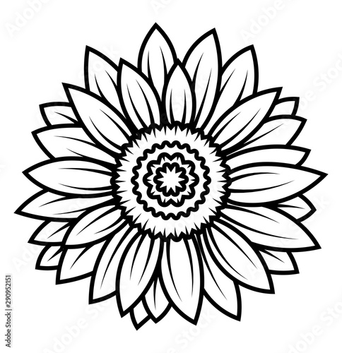Sunflower flower. Black and white illustration of a sunflower. Linear art. Tattoo blooming sunflower.