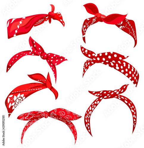 Set retro headband for woman. Collection of red bandanas for hairstyles. Windy hair dressing illustration. photo