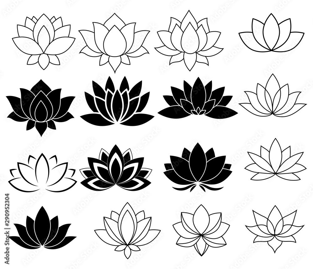 Plakat Zestaw stylizowanych lotosów. Kolekcja kwiatów lotosu na logo. Czarno-biały ilustracja wektorowa. Tatuaż.