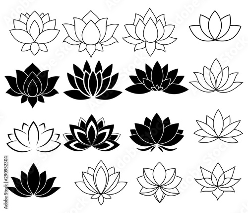 Fototapeta Zestaw stylizowanych lotosów. Kolekcja kwiatów lotosu na logo. Czarno-biały ilustracja wektorowa. Tatuaż.