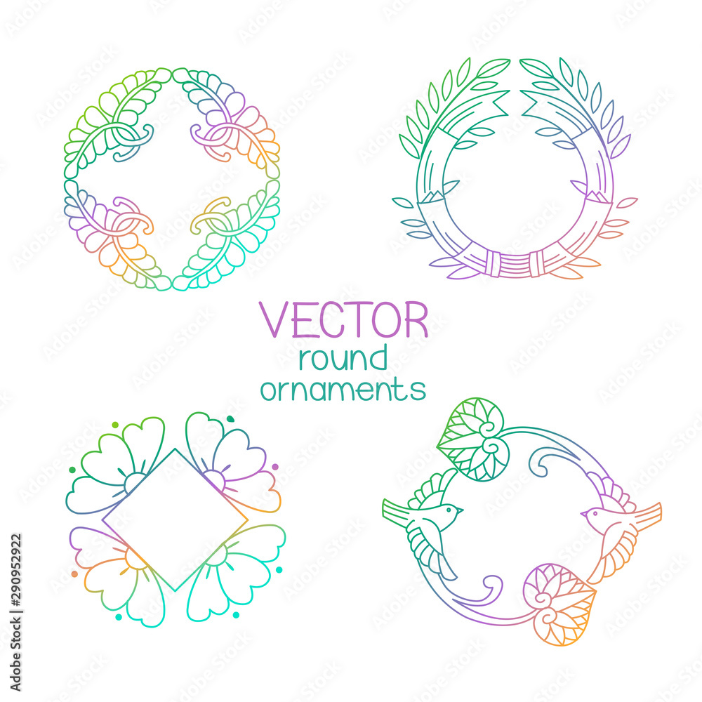 Vector Round Ornaments Collection Logo For Organic Shop, Eco Product, Cosmetic, Business. Company Mark, Emblem, Element. Nature Geometric Mandala Vector Logotype.