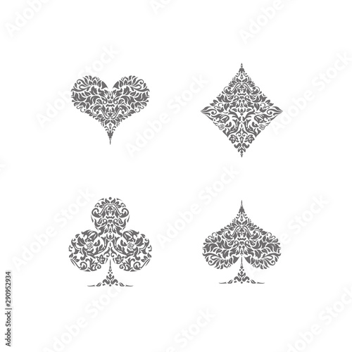 Set 4 Playing card suits icons decoration pattern diamonds, clovers, hearts spades template isolated on white background. Vintage Playing card suit ornament symbol pictogram for play casino poker game