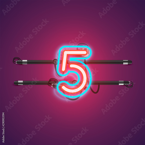 Realistic glowing double neon charcter from a fontset, vector illustration