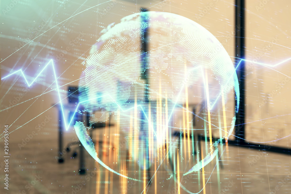 Forex chart hologram with map and minimalistic cabinet interior background. Double exposure. International business concept. Forex chart hologram with map and minimalistic cabinet interior background. Double exposure. International business concept.