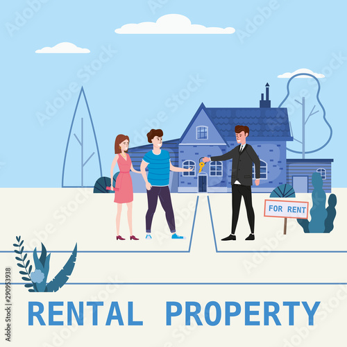 Real estate concept. House rent service. Modern family characters rent new house or big appartment