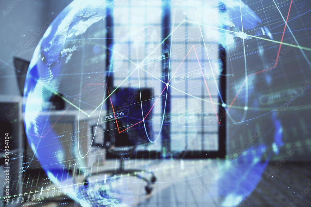Forex chart hologram with map and minimalistic cabinet interior background. Double exposure. International business concept. Forex chart hologram with map and minimalistic cabinet interior background. Double exposure. International business concept.