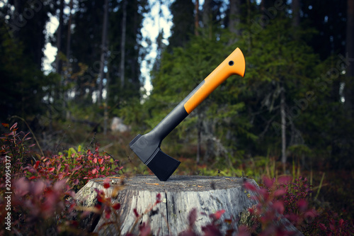 An axe stuck in an old stump in the forest