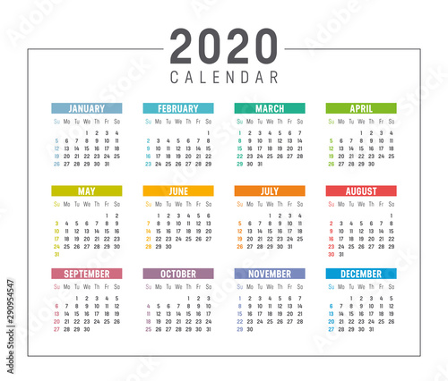 Colorful year 2020 calendar vector template. Week starts Sunday.