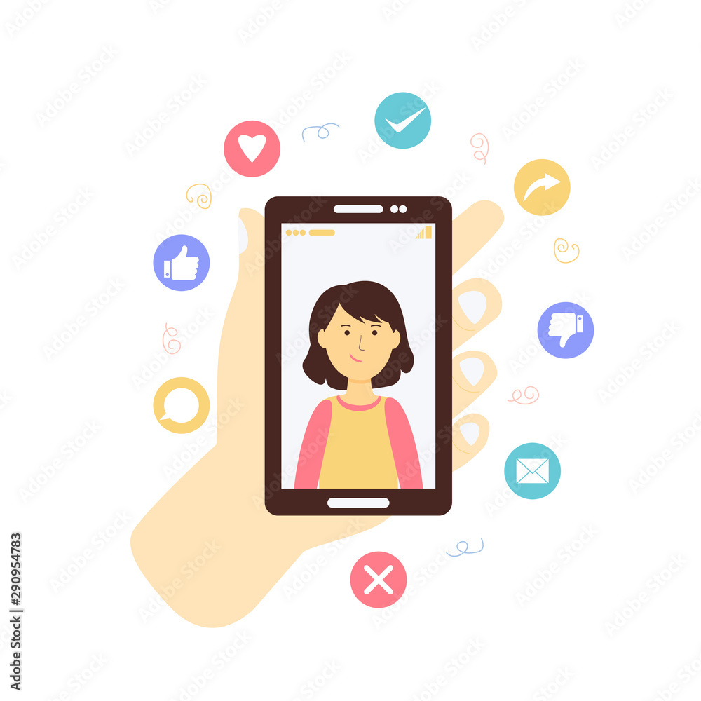 Girl on the application screen in a smartphone. Social Network Icons. Online communication technology concept. Mobile connection. Vector flat stock illustration isolated on white background. Girl on the application screen in a smartphone. Social Network Icons. Online communication technology concept. Mobile connection. Vector flat stock illustration isolated on white background.