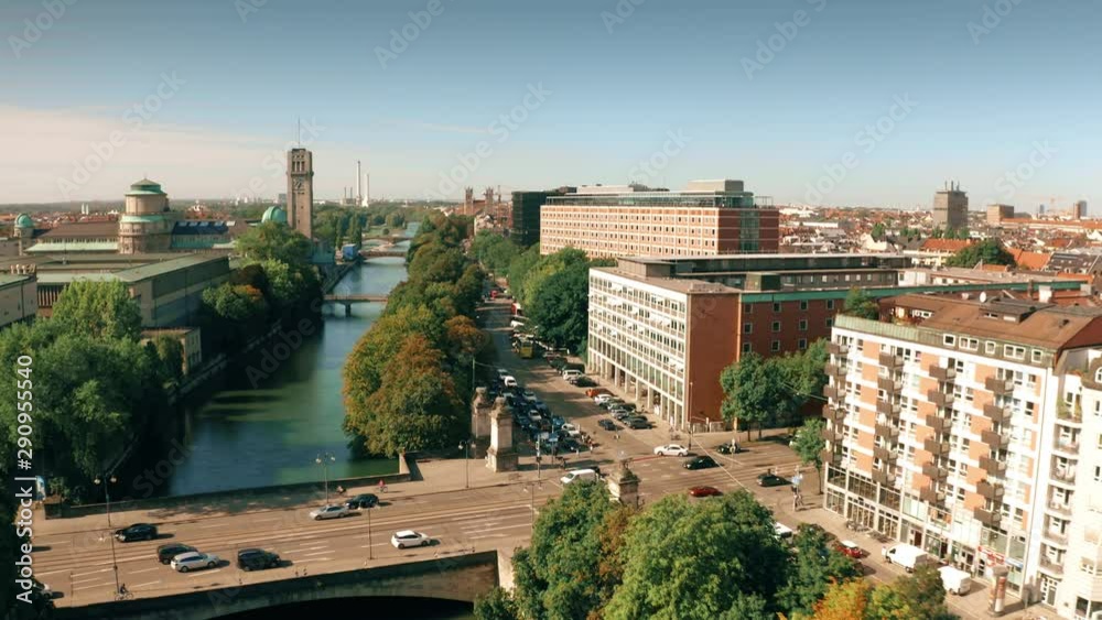Aerial view of the River Isar embankment near the Innere Ludwigsbrucke bridge and the German Museum in Munich, Germany