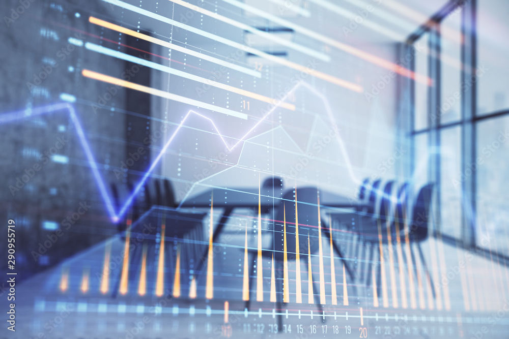 Multi exposure of stock market graph on conference room background. Concept of financial analysis Multi exposure of stock market graph on conference room background. Concept of financial analysis