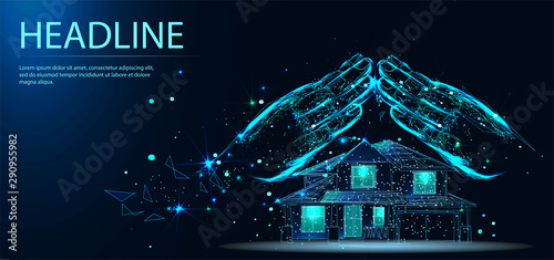 Protecting Hands Over House, Home Security And Protection Concept. Vector illustration. Headline