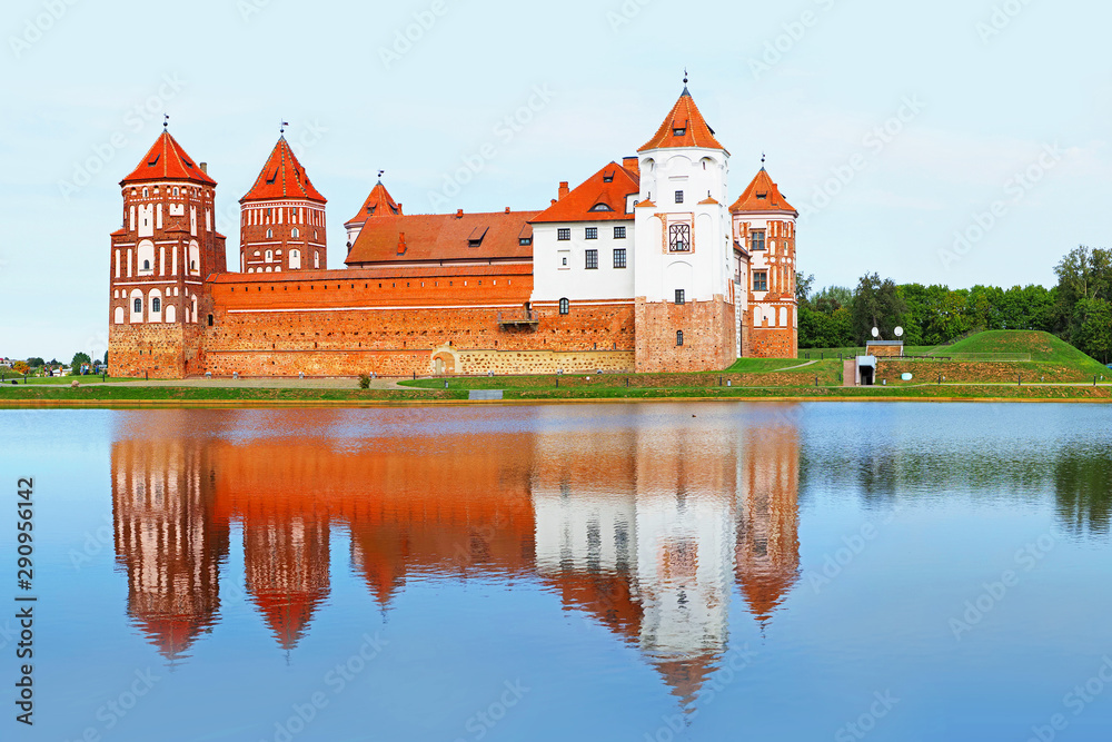 Mir, Belarus. Mir castle complex, reflection in water. Architectural ensemble, cultural monument. Famous landmark Mir, Belarus. Mir castle complex, reflection in water. Architectural ensemble, cultural monument. Famous landmark
