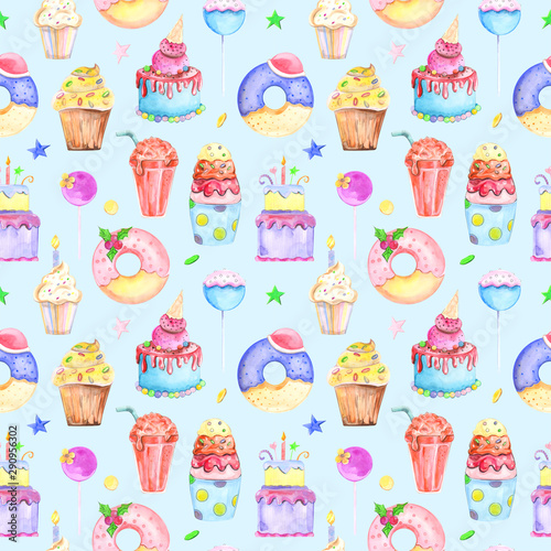 Illustration seamless pattern drawn by watercolor confectionery  cakes  muffins  macaroons on the background.