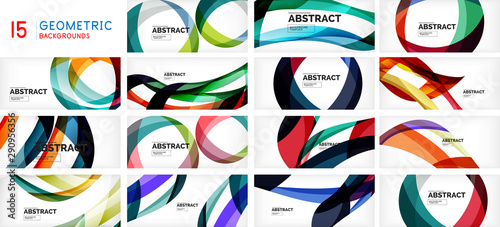 Set of geometric waves, circles and stripes on white background. Abstract design pattern, creative motion poster for technology or business theme.