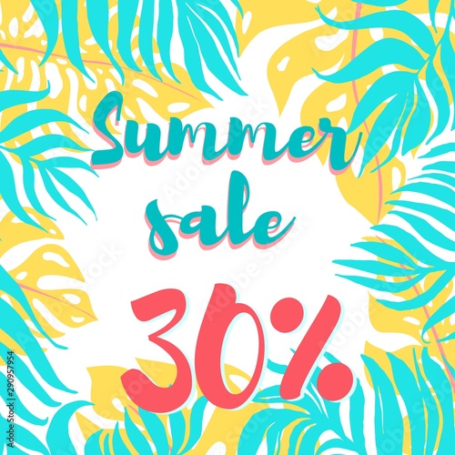 Colorfull palm leaves dypsis and monstera with records summer sale. Vector of sammer sale banner template with round frame and tropical plants. Summer sale banner design with discount label.