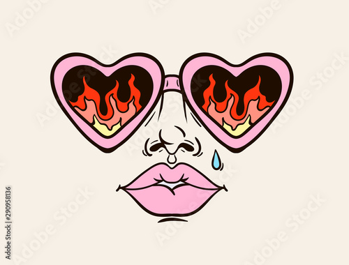girl's face in sunglasses with reflection of fire, t-shirt print, tattoo
