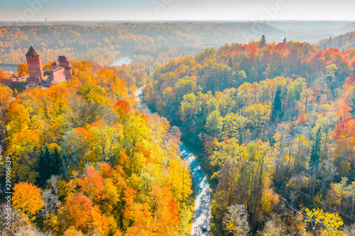 Amazing Aerial View over the Turaida Castle during Golden Hours, Sunset Time, Sigulda, Latvia, Touristic Place, Beautiful Wallpaper - Image photo