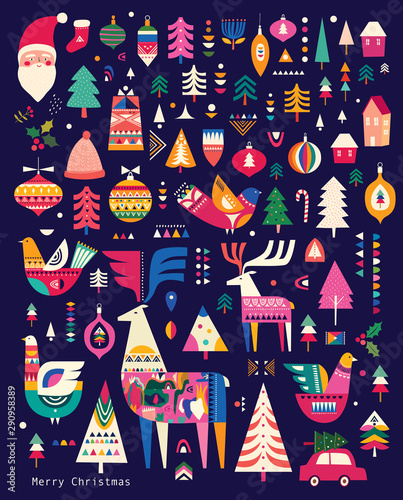 Christmas pattern in Scandinavian folk style with deer, Christmas tree, bird and other photo