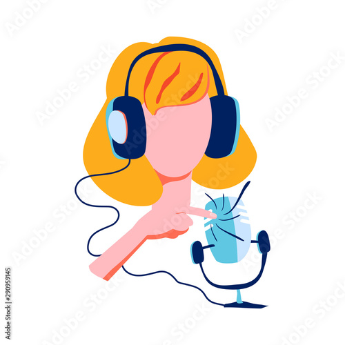 ASMR trend broadcasting. Blogger make video or audio webcast for social media. Pleasant sounds for goosebumps. Girl scratching microphone with nails to make whisper, rustling, tapping, quiet crunch