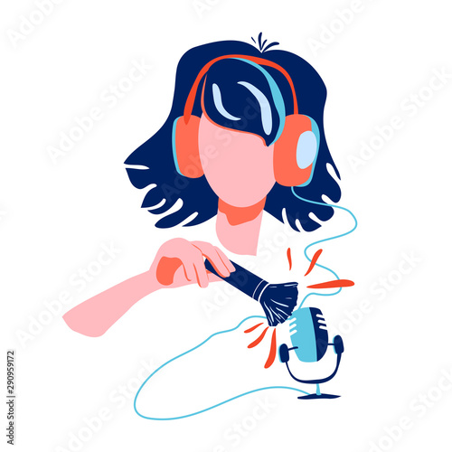 ASMR trend broadcasting. Blogger make video or audio webcast for social media. Pleasant sounds for goosebumps. Woman using brush on microphone to make whisper, rustling, tapping, quiet crunch