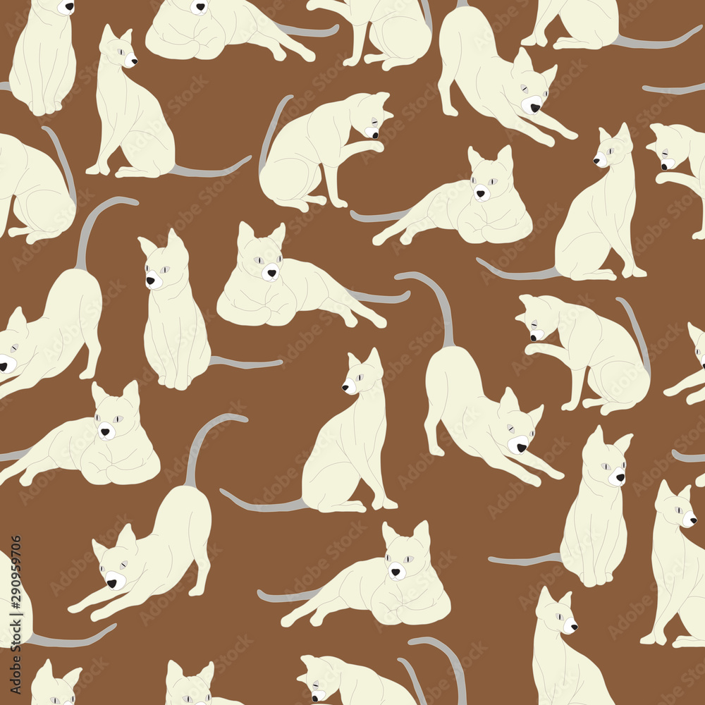Cats seamless pattern on brown background. 