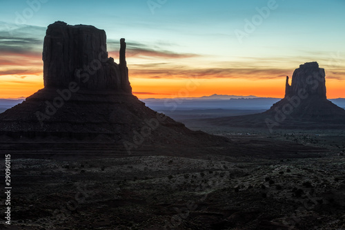 Close up of two mesas in the Monument Valley at sunrise