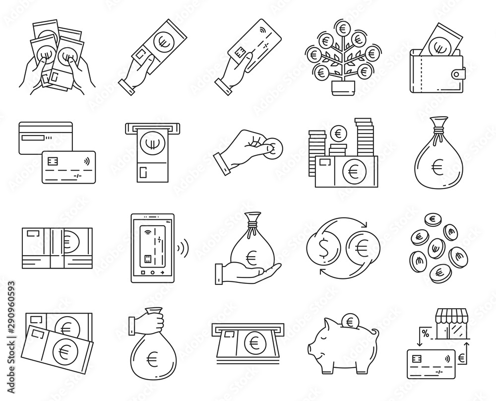 Money thin line icons . Euro, Money Tree, ATM, Cash Back, Transfer, Falling, Stack of money in hands .