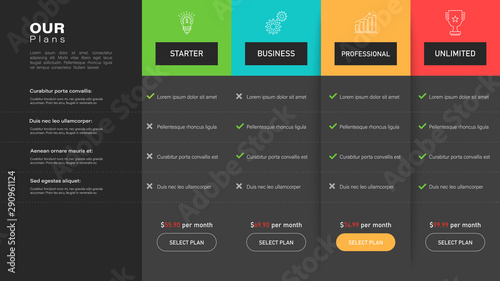 Price table for websites. Vector template