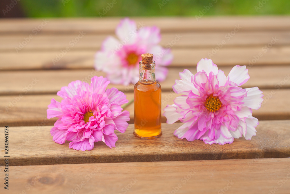 Essence of flowers on table in beautiful glass Bottle Essence of flowers on table in beautiful glass Bottle