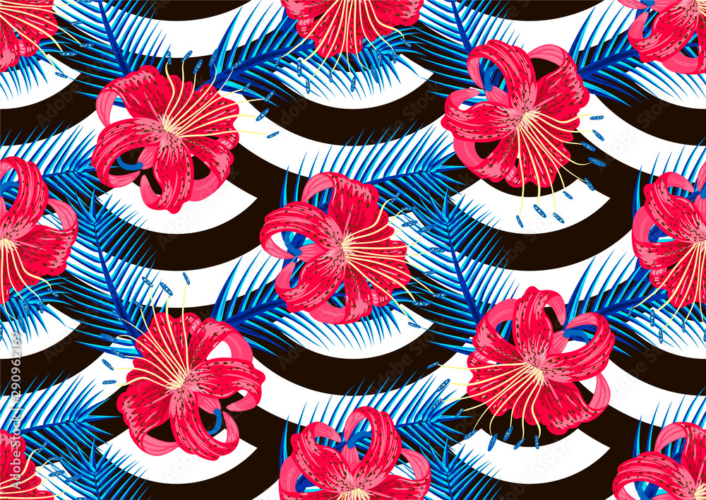 Naklejka premium seamless pattern Tiger lily and black and white lines