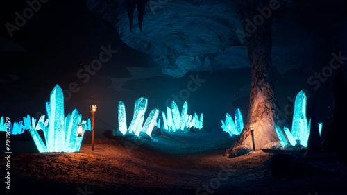 Photo Blue mystical cave with the magic of sparkling crystals