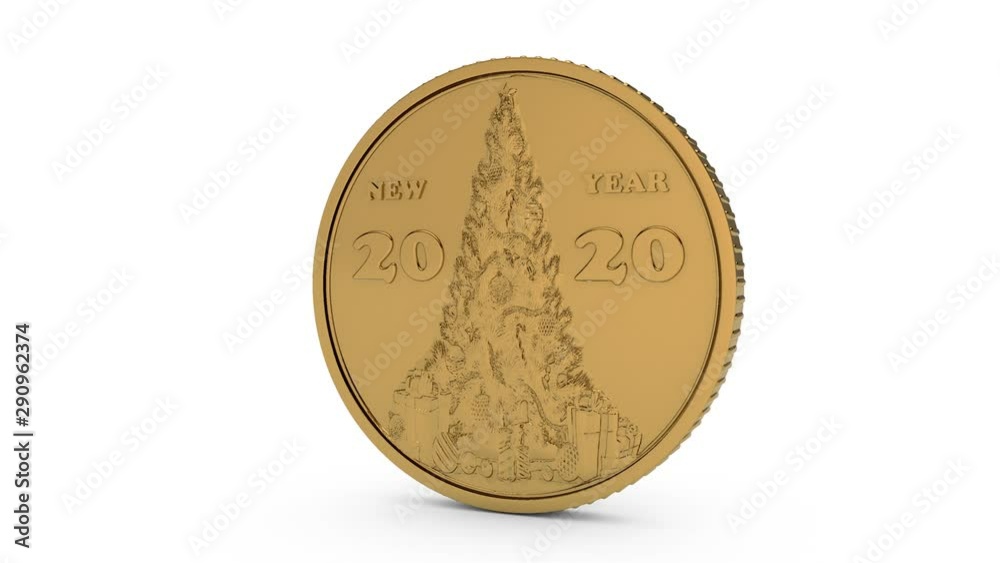 3D animation of rotation of a gold coin with new year symbols 2020 new year and a Christmas tree. 3D animation of rotation of a gold coin with new year symbols 2020 new year and a Christmas tree.