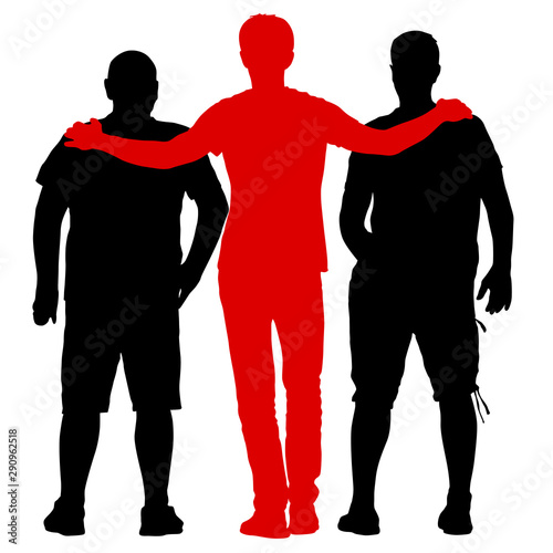 Black silhouette three men stand embracing on white background