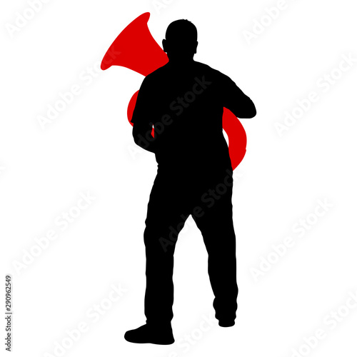 Silhouette of musician playing the tuba on a white background