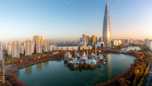 South Korea skyline of Seoul, The best view of South Korea with Lotte world mall at Jamsil in Seoul. Tourism, summer holiday, or sightseeing Seoul landmark concept photo
