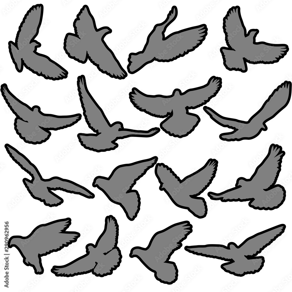 Obraz premium Concept of love or peace. Set silhouettes doves.