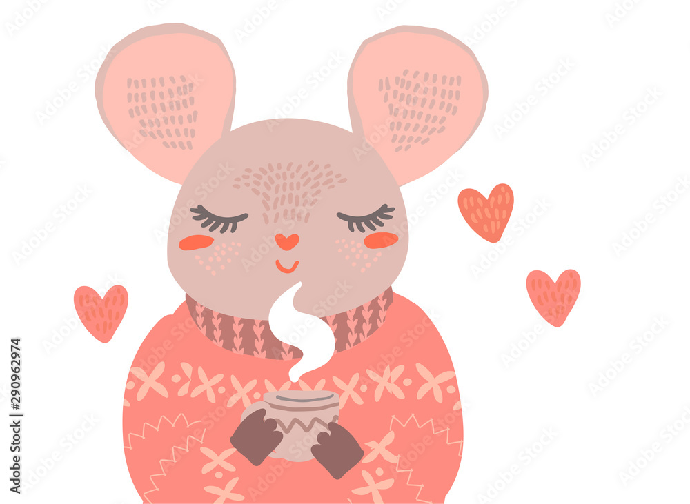 Flat scandinavian style cartoon cute character mouse with mug of tea. Minimal vector illustration, merry Christmas card. Flat scandinavian style cartoon cute character mouse with mug of tea. Minimal vector illustration, merry Christmas card.