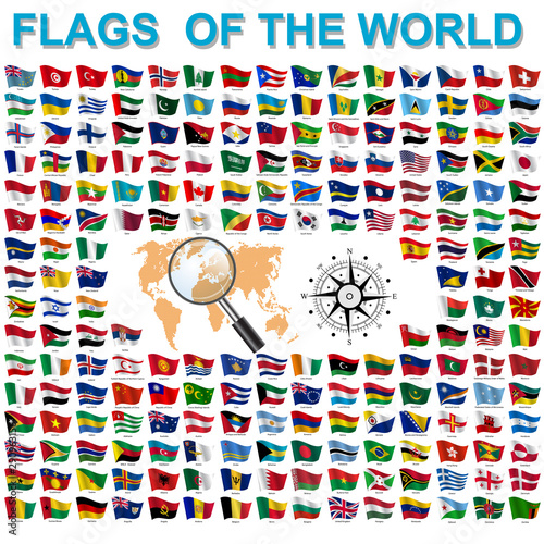 Set of Flags of world sovereign states signed by the countries names