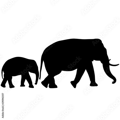 Silhouette of an African elephant with a little elephant on a white background