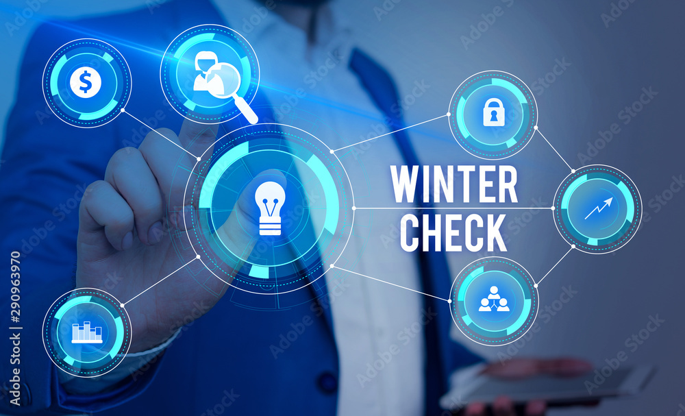 Word writing text Winter Check. Business photo showcasing Coldest Season Maintenance Preparedness Snow Shovel Hiemal Male human wear formal work suit presenting presentation using smart device Word writing text Winter Check. Business photo showcasing Coldest Season Maintenance Preparedness Snow Shovel Hiemal Male human wear formal work suit presenting presentation using smart device