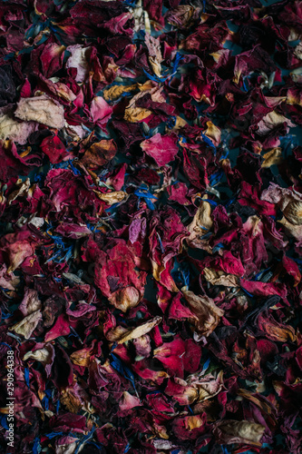 Dried flowers background. Rose, lavender and cornflower petals. Natural confetti.   photo