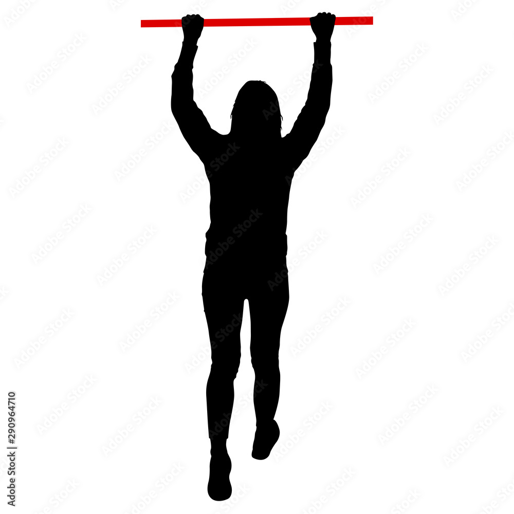 Woman doing pull-ups silhouette on a white background